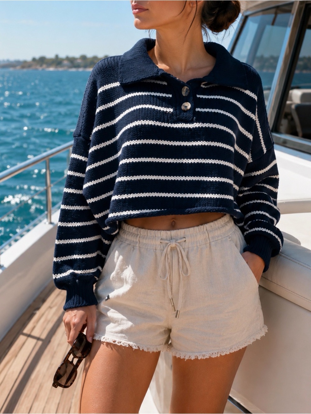 Zara Blue and White Striped Knit crop cardigan sweater size small
